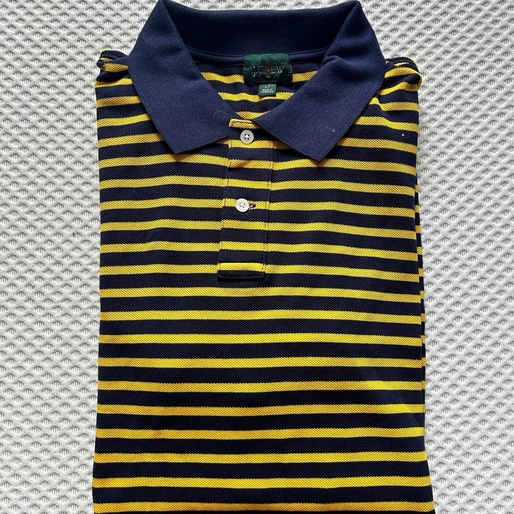 J. Crew Men Classic Pique Polo Shirt L Tall LT Navy Blue Yellow Stripe